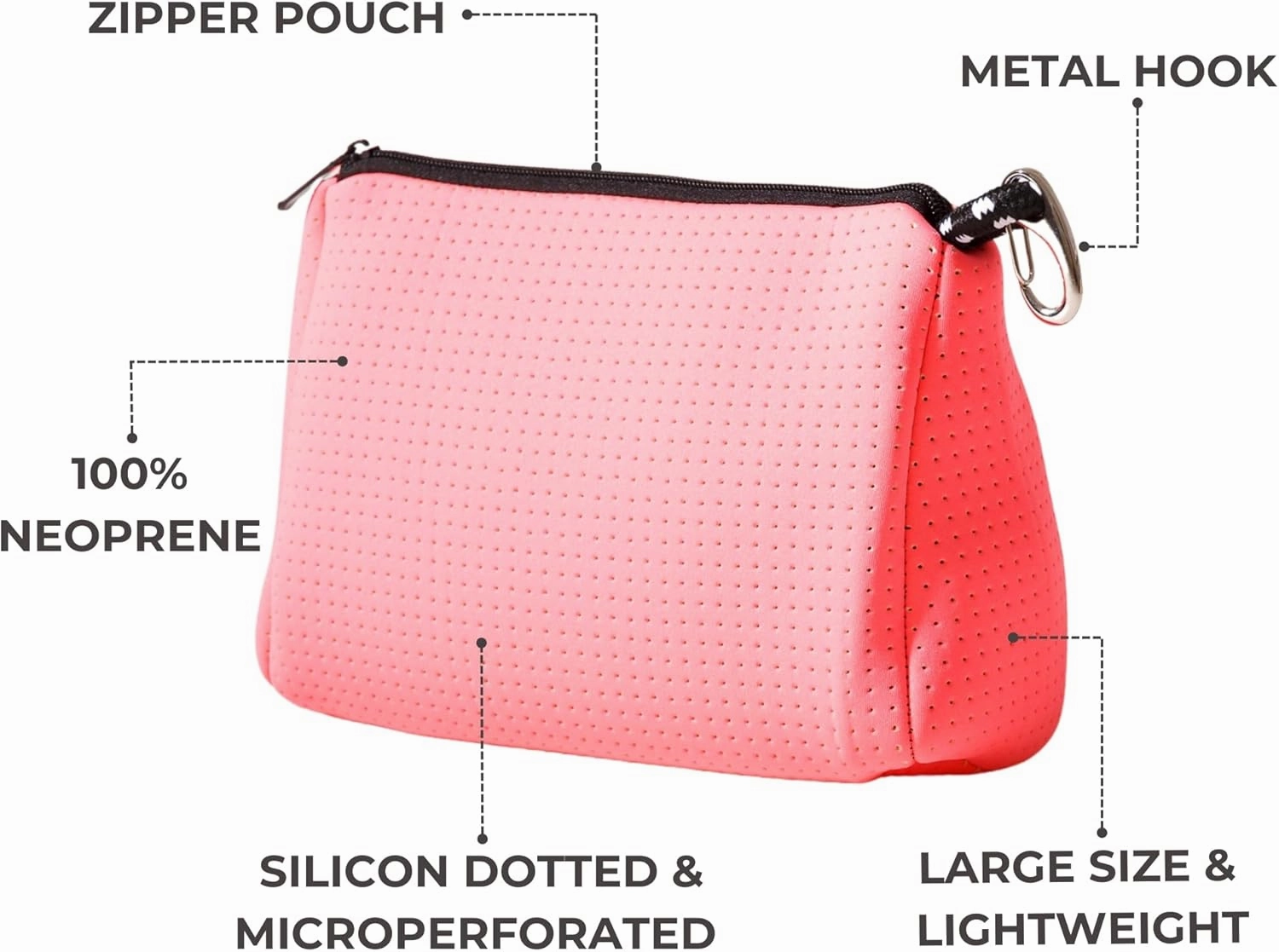 Large Makeup Bag with Zipper, Neon Pink - Waterproof Neoprene Cosmetic Bag 7.7 x 10.75 x 5 inches
