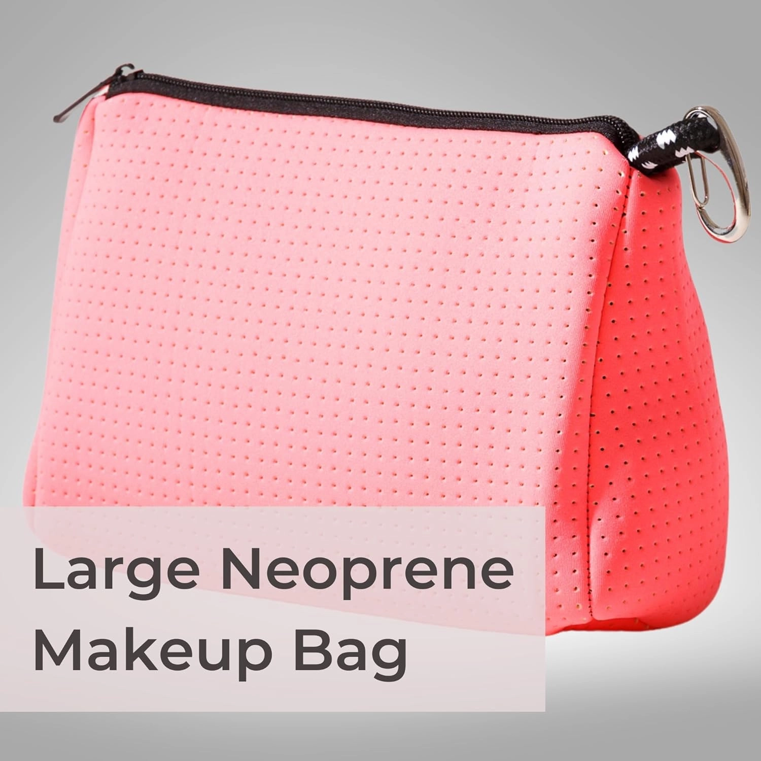 Large Makeup Bag with Zipper, Neon Pink - Waterproof Neoprene Cosmetic Bag 7.7 x 10.75 x 5 inches