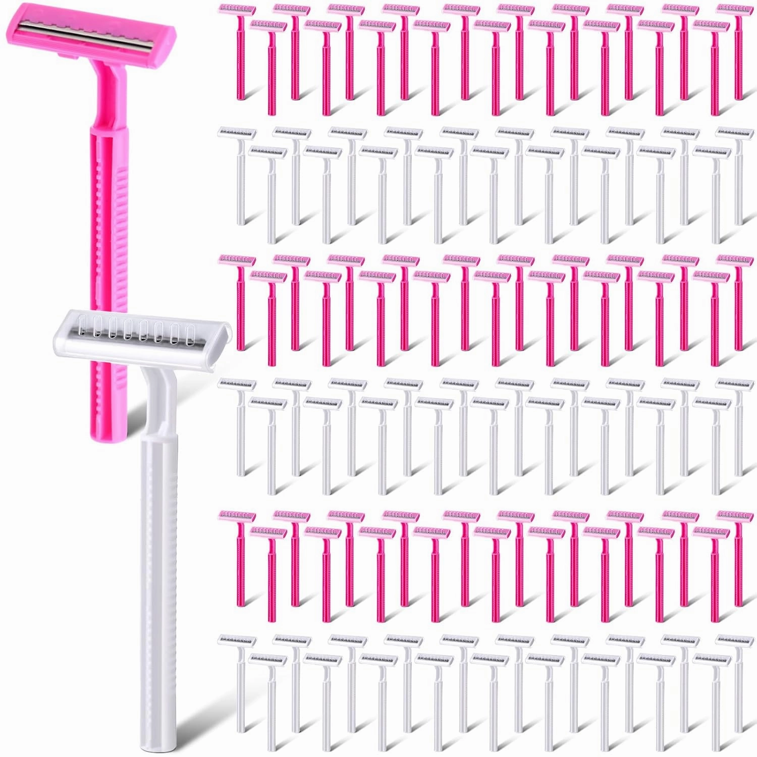 Lasnten 400 Pcs Disposable Razors Bulk Individually Wrapped Twin Blade Razors with Clear Safety Cap Stainless Steel for Women Men Hotel Shelter Homeless Nursing Home(White, Pink)