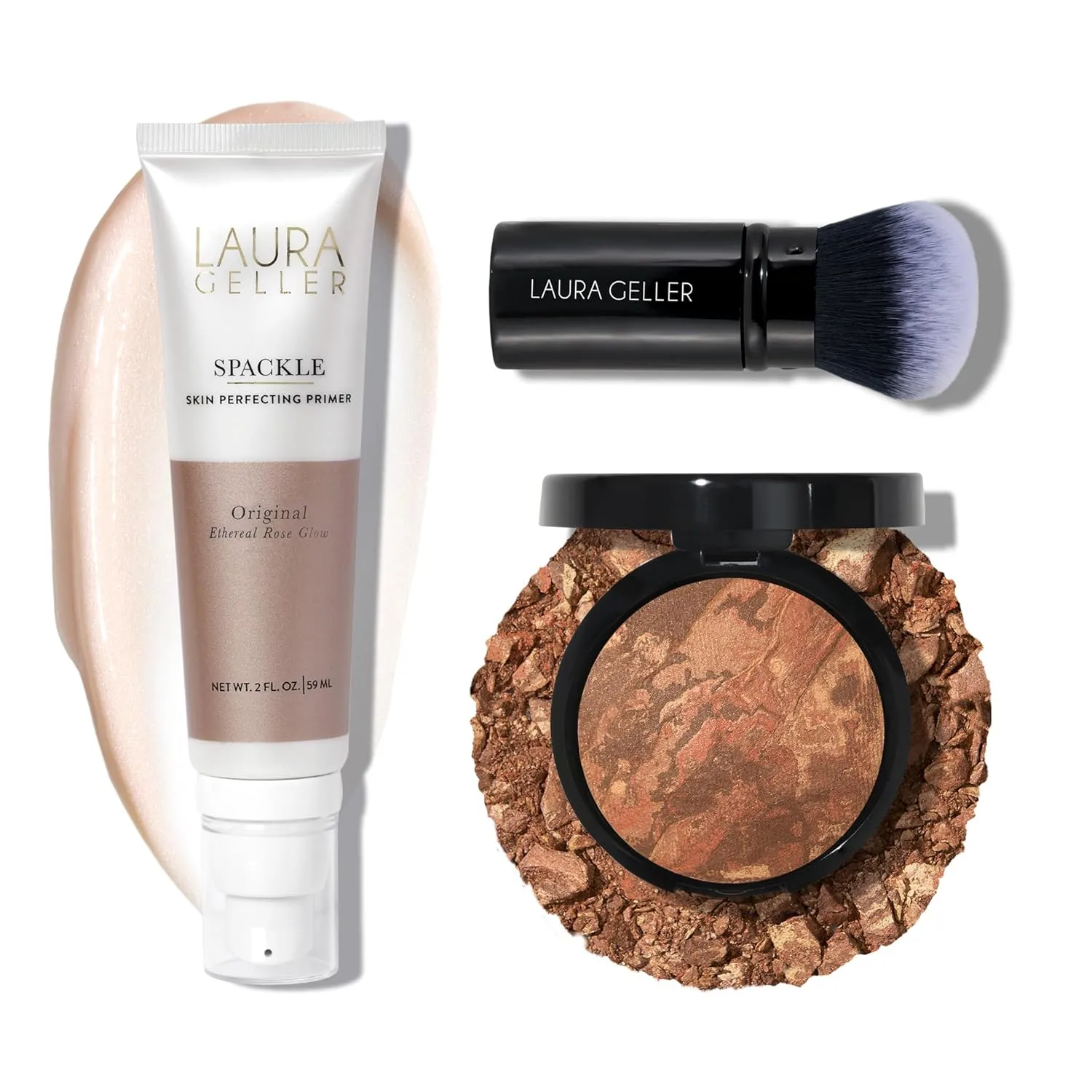 LAURA GELLER NEW YORK Baked Balance-n-Brighten Powder Foundation - Deep   Spackle Super-Size Skin Perfecting Makeup Primer - Ethereal Rose Glow   Retractable Airbrush Kabuki Brush