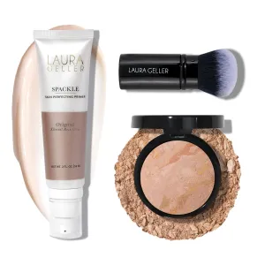 LAURA GELLER NEW YORK Baked Balance-n-Brighten Powder Foundation - Fair   Spackle Super-Size Skin Perfecting Makeup Primer - Ethereal Rose Glow   Retractable Airbrush Kabuki Brush