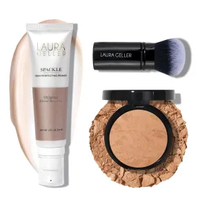 LAURA GELLER NEW YORK Baked Balance-n-Brighten Powder Foundation - Golden Medium and Spackle Super-Size Skin Perfecting Makeup Primer - Ethereal Rose Glow and Retractable Airbrush Kabuki Brush
