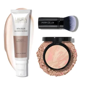LAURA GELLER NEW YORK Baked Balance-n-Brighten Powder Foundation - Porcelain   Spackle Super-Size Skin Perfecting Makeup Primer - Ethereal Rose Glow   Retractable Airbrush Kabuki Brush