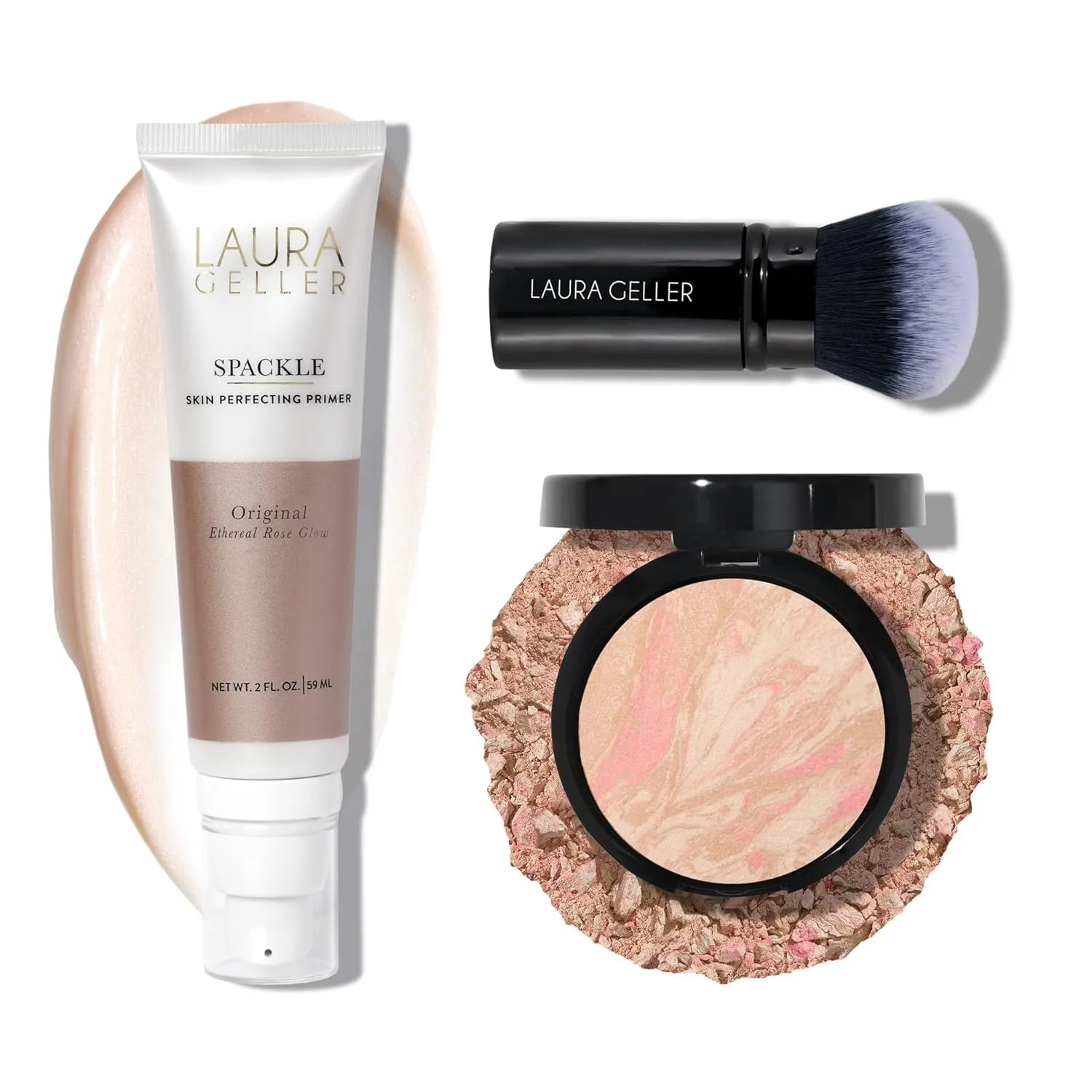LAURA GELLER NEW YORK Baked Balance-n-Brighten Powder Foundation - Porcelain   Spackle Super-Size Skin Perfecting Makeup Primer - Ethereal Rose Glow   Retractable Airbrush Kabuki Brush
