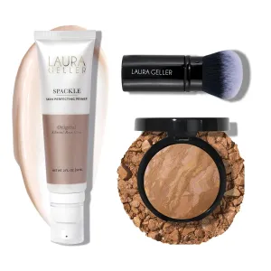 LAURA GELLER NEW YORK Baked Balance-n-Brighten Powder Foundation - Sand   Spackle Super-Size Skin Perfecting Makeup Primer - Ethereal Rose Glow   Retractable Airbrush Kabuki Brush