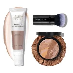 LAURA GELLER NEW YORK Baked Balance-n-Brighten Powder Foundation - Tan   Spackle Super-Size Skin Perfecting Makeup Primer - Ethereal Rose Glow   Retractable Airbrush Kabuki Brush