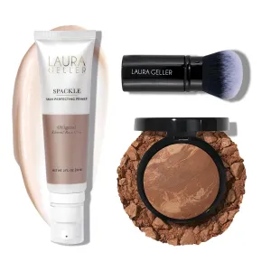 LAURA GELLER NEW YORK Baked Balance-n-Brighten Powder Foundation - Toffee   Spackle Super-Size Skin Perfecting Makeup Primer - Ethereal Rose Glow   Retractable Airbrush Kabuki Brush