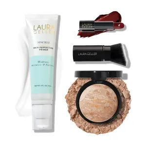 LAURA GELLER NEW YORK Effortless Essentials Kits (4pc): Baked Balance-n-Brighten Foundation, Fair   Spackle Makeup Primer, Hydrate   Modern Classic Cream Lipstick, Berry Bliss   Kabuki