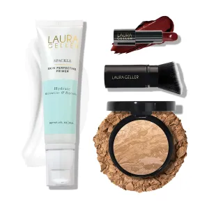 LAURA GELLER NEW YORK Effortless Essentials Kits (4pc): Baked Balance-n-Brighten Foundation, Golden Medium   Spackle Makeup Primer, Hydrate   Modern Classic Cream Lipstick, Berry Bliss   Kabuki