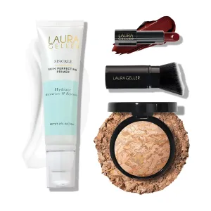 LAURA GELLER NEW YORK Effortless Essentials Kits (4pc): Baked Balance-n-Brighten Foundation, Medium   Spackle Makeup Primer, Hydrate   Modern Classic Cream Lipstick, Berry Bliss   Kabuki