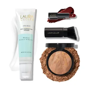 LAURA GELLER NEW YORK Effortless Essentials Kits (4pc): Baked Balance-n-Brighten Foundation, Sand   Spackle Makeup Primer, Hydrate   Modern Classic Cream Lipstick, Berry Bliss   Kabuki