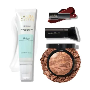 LAURA GELLER NEW YORK Effortless Essentials Kits (4pc): Baked Balance-n-Brighten Foundation, Tan   Spackle Makeup Primer, Hydrate   Modern Classic Cream Lipstick, Berry Bliss   Kabuki