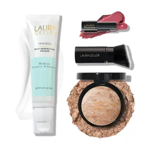 LAURA GELLER NEW YORK Effortless Essentials Kits - Cream Finish (4pc): Baked Balance-n-Brighten Foundation, Fair   Spackle Makeup Primer, Hydrate   Modern Classic Cream Lipstick, Real Rosy   Kabuki