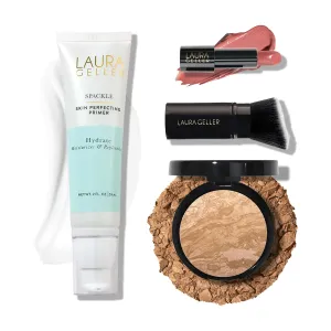 LAURA GELLER NEW YORK Effortless Essentials Kits Cream Finish 4pc Baked Balance-n-Brighten Foundation, Golden Medium Spackle Makeup Primer, Hydrate Modern Classic Cream Lipstick, Pink Passion Kabuki