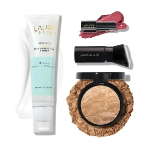 LAURA GELLER NEW YORK Effortless Essentials Kits -Cream Finish (4pc) Baked Balance-n-Brighten Foundation, Golden Medium Spackle Makeup Primer, Hydrate Modern Classic Cream Lipstick, Real Rosy Kabuki