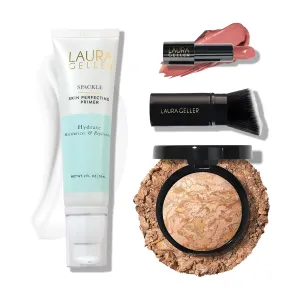 LAURA GELLER NEW YORK Effortless Essentials Kits - Cream Finish (4pc): Baked Balance-n-Brighten Foundation, Medium   Spackle Makeup Primer, Hydrate Modern Classic Cream Lipstick, Pink Passion Kabuki