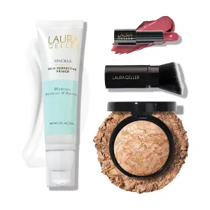 LAURA GELLER NEW YORK Effortless Essentials Kits - Cream Finish (4pc): Baked Balance-n-Brighten Foundation, Medium   Spackle Makeup Primer, Hydrate   Modern Classic Cream Lipstick, Real Rosy   Kabuki