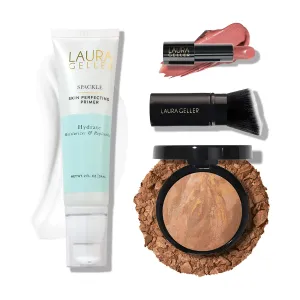 LAURA GELLER NEW YORK Effortless Essentials Kits - Cream Finish (4pc): Baked Balance-n-Brighten Foundation, Sand   Spackle Makeup Primer, Hydrate   Modern Classic Cream Lipstick, Pink Passion Kabuki