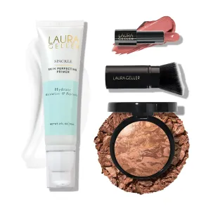 LAURA GELLER NEW YORK Effortless Essentials Kits - Cream Finish (4pc): Baked Balance-n-Brighten Foundation, Tan   Spackle Makeup Primer, Hydrate   Modern Classic Cream Lipstick, Pink Passion   Kabuki