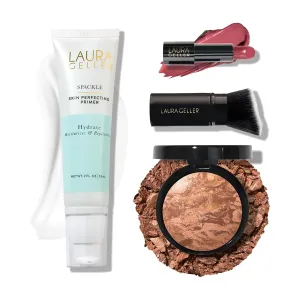 LAURA GELLER NEW YORK Effortless Essentials Kits - Cream Finish (4pc): Baked Balance-n-Brighten Foundation, Tand   Spackle Makeup Primer, Hydrate   Modern Classic Cream Lipstick, Real Rosy   Kabuki