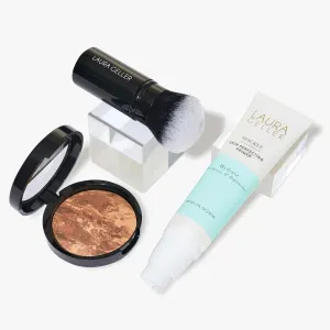LAURA GELLER NEW YORK Face the Day Kit (3 PC) - Balance-n-Brighten Foundation, Deep   Spackle Skin Perfecting Primer, Hydrate   Airbrush Round Kabuki Brush