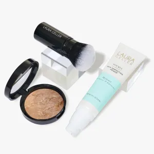 LAURA GELLER NEW YORK Face the day Kit (3 PC) - Balance-n-Brighten Foundation, Medium   Spackle Skin Perfecting Primer, Hydrate   Airbrush Round Kabuki Brush
