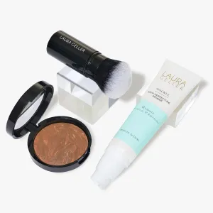 LAURA GELLER NEW YORK Face the Day Kit (3 PC) - Balance-n-Brighten Foundation, Toffee   Spackle Skin Perfecting Primer, Hydrate   Airbrush Round Kabuki Brush