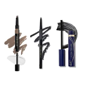LAURA GELLER Waterproof Eye Trio: INKcredible Eyeliner, Blackbird   Always There Mascara   Sculpt-n-Stay Brow Pencil, Taupe
