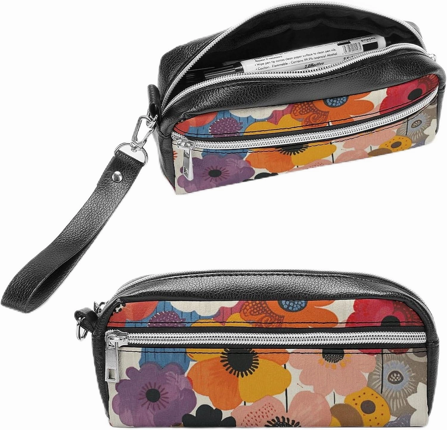 Leather Pencil Cases Oval Flower Pattern Pen Pouch Travel Cosmetic Bag for Purse Portable Makeup Brush Bag Holder Coin Purse for Women Makeup Case Organizer