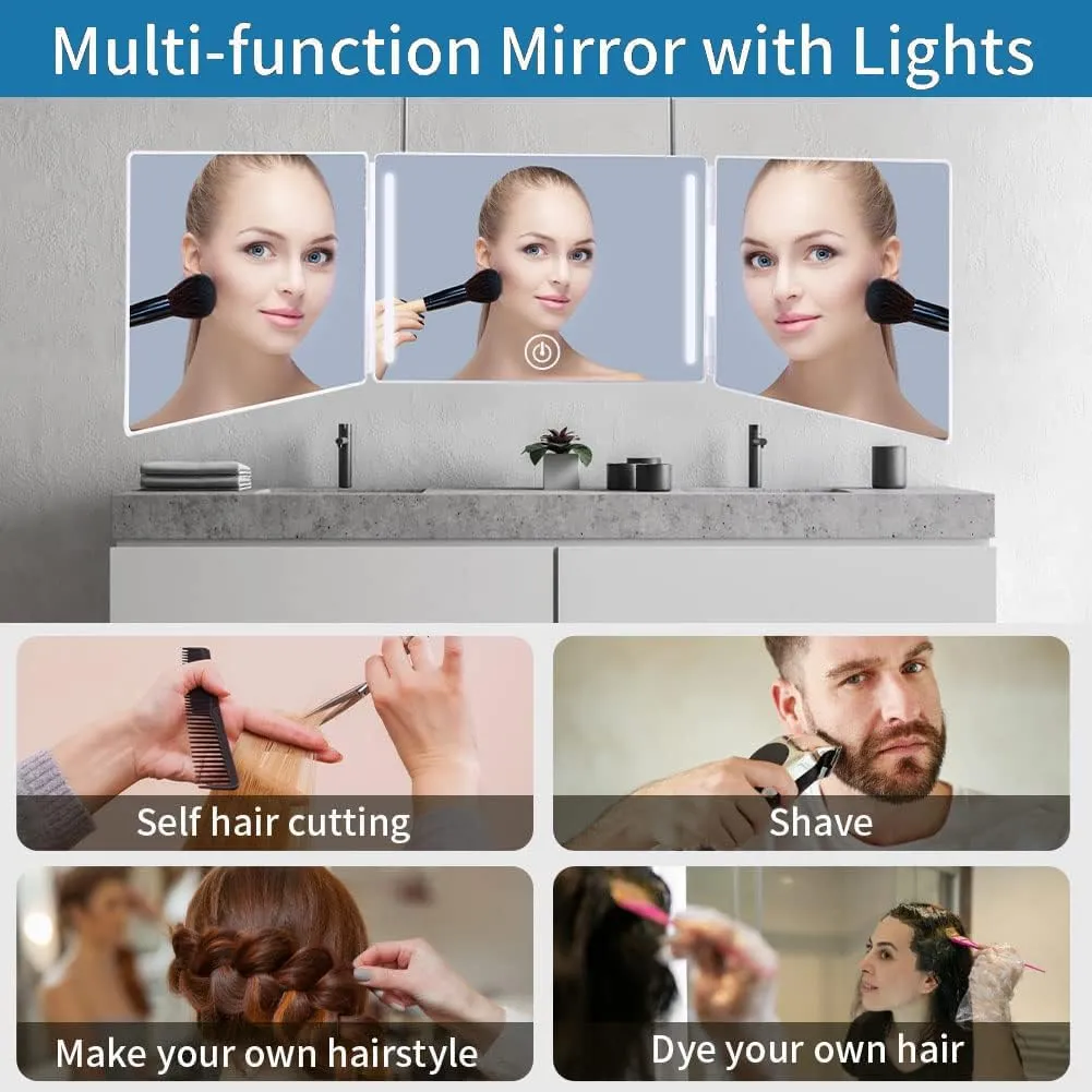 LED 360° Viewing Mirror for Hair Cutting and Styling, Adjustable Height Mirror with Lights for Grooming, Makeup and Shaving, Clear HD Glass, Portable for Bathroom or Travel (Black)