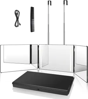 LED 360° Viewing Mirror for Hair Cutting and Styling, Adjustable Height Mirror with Lights for Grooming, Makeup and Shaving, Clear HD Glass, Portable for Bathroom or Travel (Black)