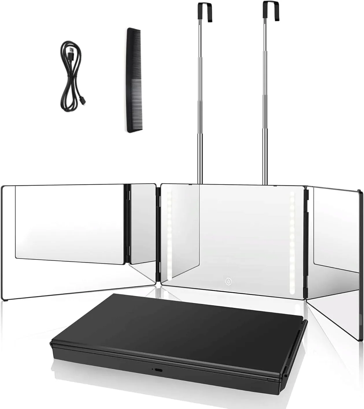 LED 360° Viewing Mirror for Hair Cutting and Styling, Adjustable Height Mirror with Lights for Grooming, Makeup and Shaving, Clear HD Glass, Portable for Bathroom or Travel (Black)