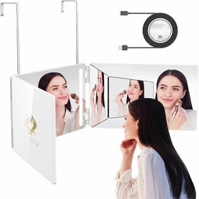 LED 3 Way Mirror to See Back of Head 360 Mirror for Women for Braiding Hair Telescoping Hooks Anti-Fog HD Glass Three Way for Self Hair Cutting Makeup Trifold