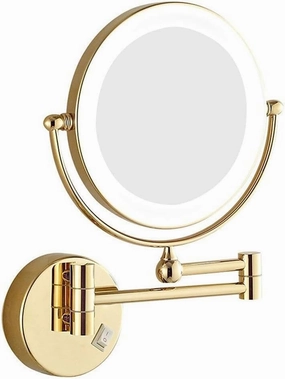 LED Lighted Wall-Mounted Makeup Mirror, Double-Sided 3X Magnification, 360° Swivel, Folding, 8-Inch Round, Gold Finish