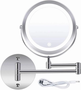 LED Wall Mount Makeup Mirror with 10x Magnification, 7'' Double Sided 360° Swivel Vanity Mirror with 12" Extension and Adjustable Light for Bathroom and Bedroom, Chrome Finished