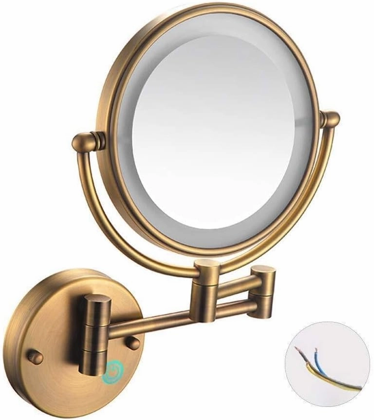 LED Wall Mounted Makeup Mirror, Brass Bathroom Mirror with Extendable Arm and Touch Screen for Shaving and Makeup(7X)