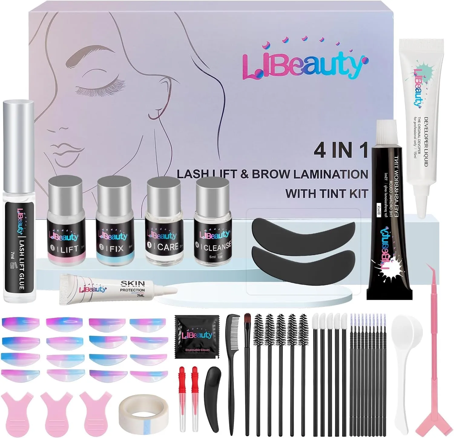 Libeauty Eyelash Lift and Tint Kit Fast Curling Coloring Lash Perm Black Dye Kit With L&C Shapes Lash Lifting Pads Suitable for Salon & Home Use