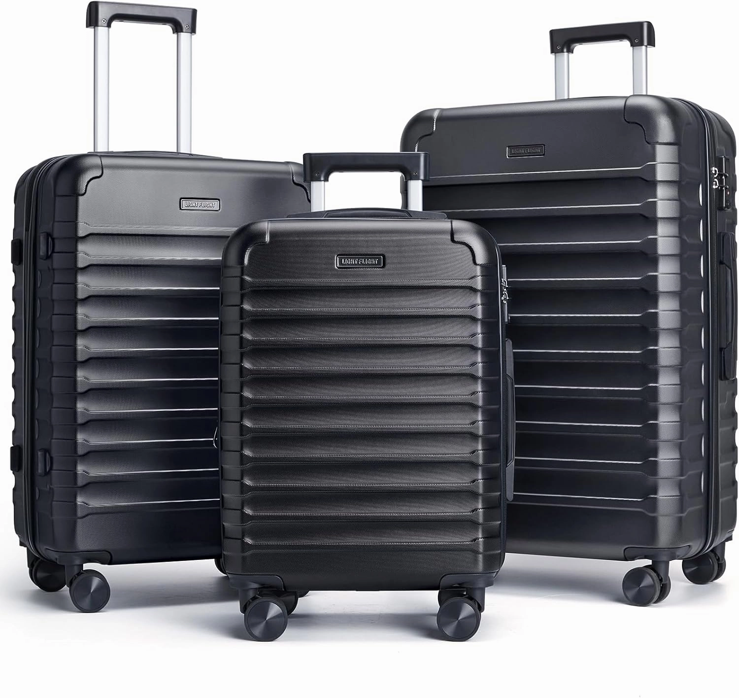 LIGHT FLIGHT Luggage Sets, 3 Piece Durable Suitcase Set with Spinner Wheels, 3 Pcs Hardside Lightweight luggage with TSA Lock, Large Checked Travel Suitcases, 20/24/28 Inch, Black