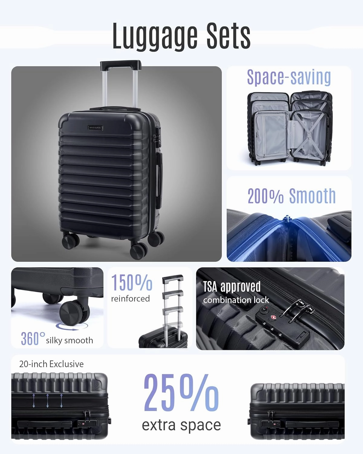 LIGHT FLIGHT Luggage Sets, 3 Piece Durable Suitcase Set with Spinner Wheels, 3 Pcs Hardside Lightweight luggage with TSA Lock, Large Checked Travel Suitcases, 20/24/28 Inch, Black