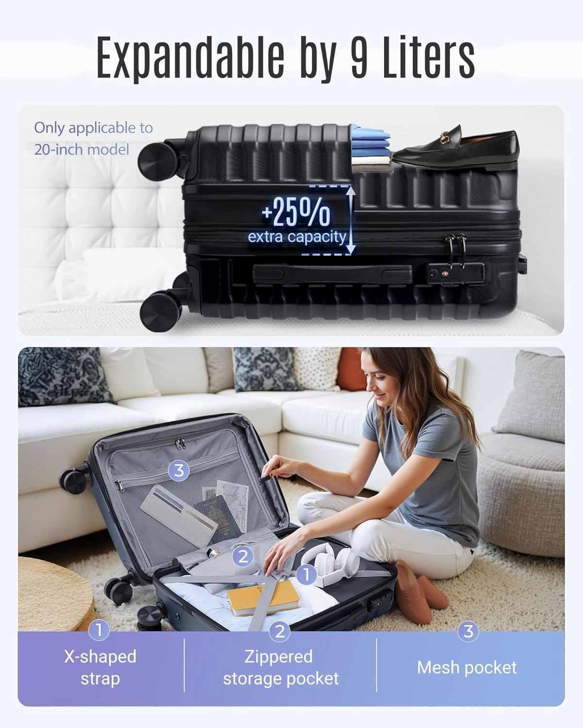 LIGHT FLIGHT Luggage Sets, 3 Piece Durable Suitcase Set with Spinner Wheels, 3 Pcs Hardside Lightweight luggage with TSA Lock, Large Checked Travel Suitcases, 20/24/28 Inch, Black