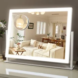 Lighted Makeup Mirror, 16.5"x12.5" Hollywood Vanity Mirror with Lights, 10X Magnification, 3 Color Lighting Modes, Smart Touch Control, 360° Rotation for Bedroom or Tabletop (White)