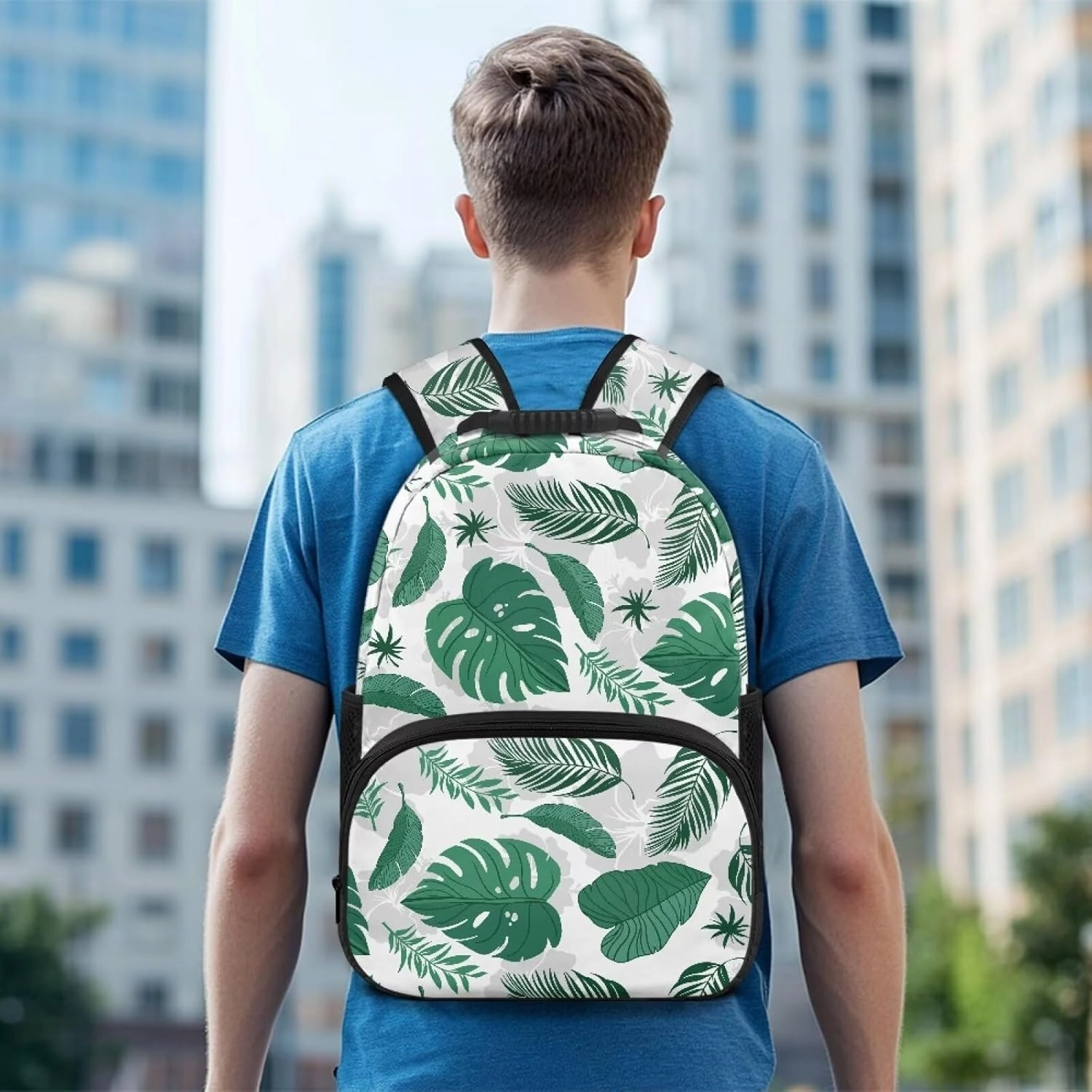 Lightweight College Backpack for Teens - 17.3 Inch Laptop Bag with Adjustable Shoulder Strap, Book Pencil Organizer & Side Water Bottle Pockets for School, Fresh Green Palm Leaf Print