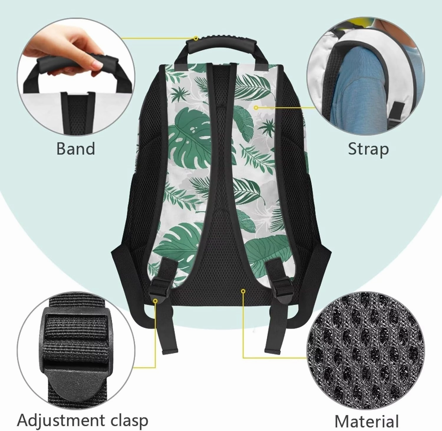 Lightweight College Backpack for Teens - 17.3 Inch Laptop Bag with Adjustable Shoulder Strap, Book Pencil Organizer & Side Water Bottle Pockets for School, Fresh Green Palm Leaf Print
