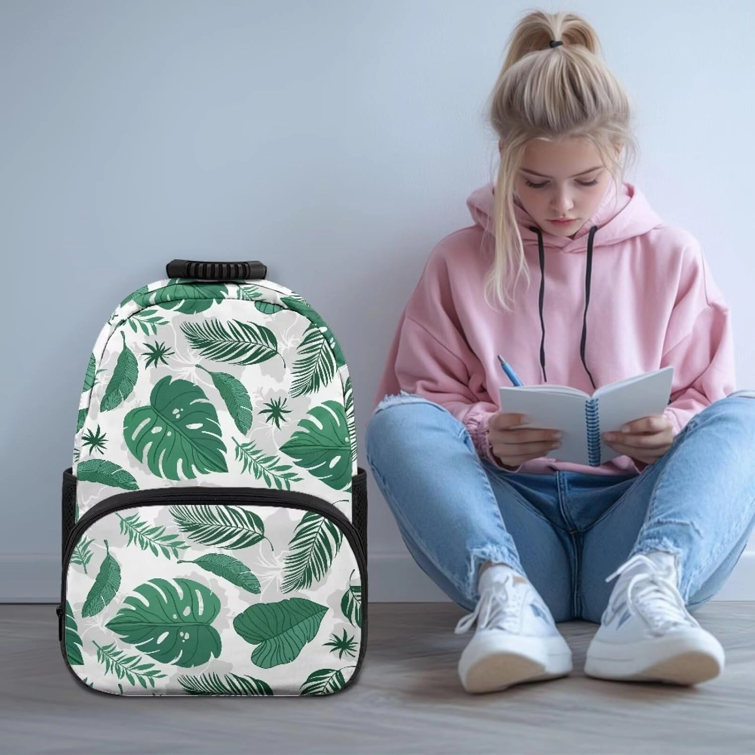 Lightweight College Backpack for Teens - 17.3 Inch Laptop Bag with Adjustable Shoulder Strap, Book Pencil Organizer & Side Water Bottle Pockets for School, Fresh Green Palm Leaf Print