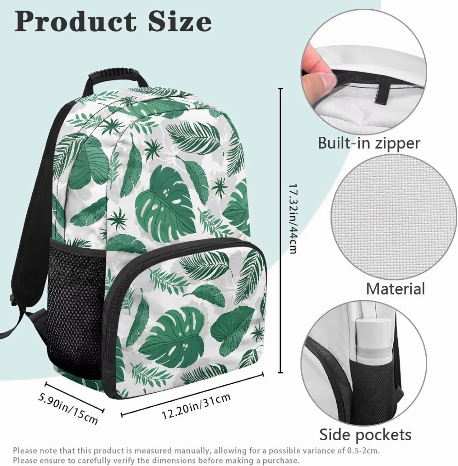 Lightweight College Backpack for Teens - 17.3 Inch Laptop Bag with Adjustable Shoulder Strap, Book Pencil Organizer & Side Water Bottle Pockets for School, Fresh Green Palm Leaf Print