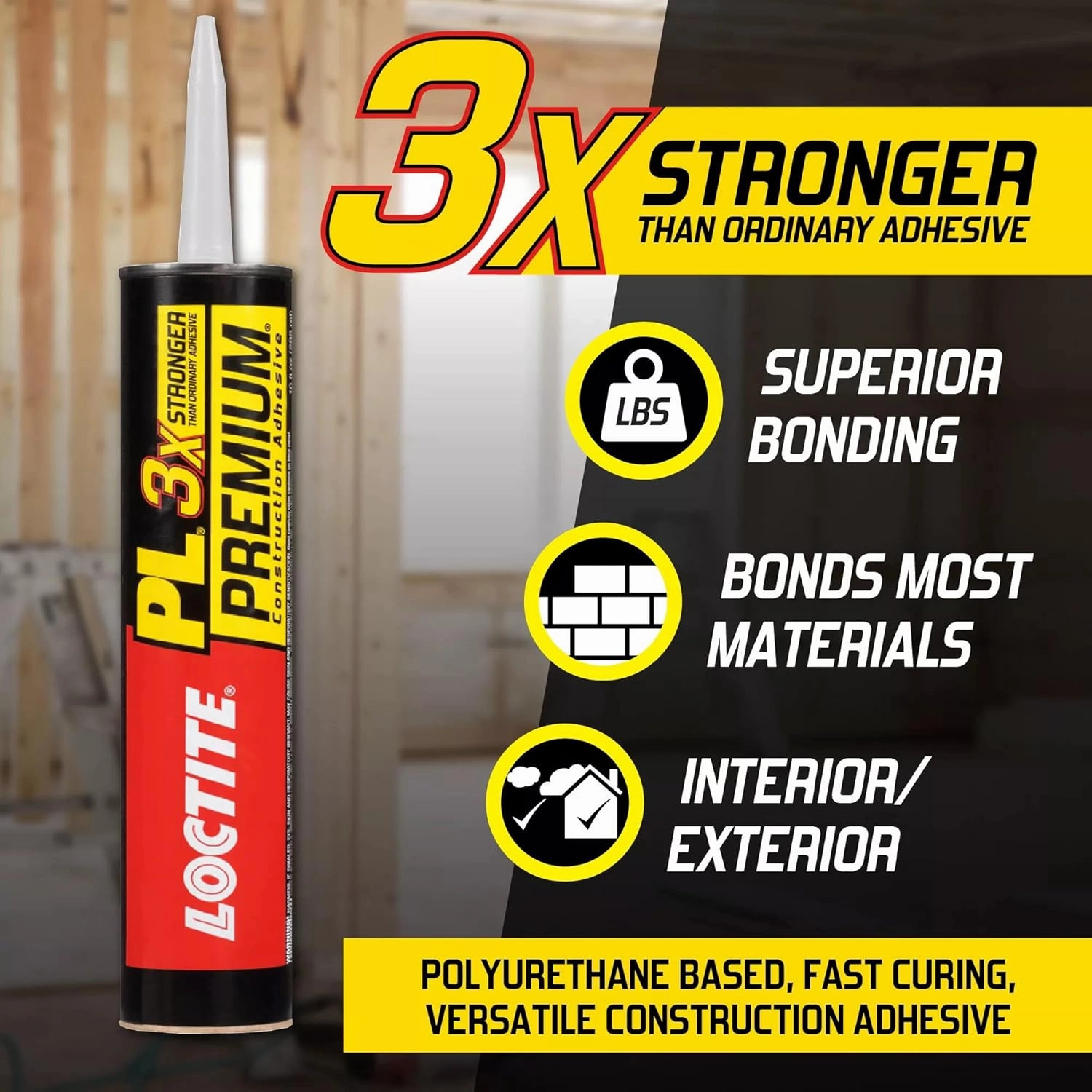 Loctite PL Premium Polyurethane Construction Adhesive, Versatile Construction Glue for Wood, Concrete, Stone, Metal & More- 10 fl oz, Cartridge, 6 Pack