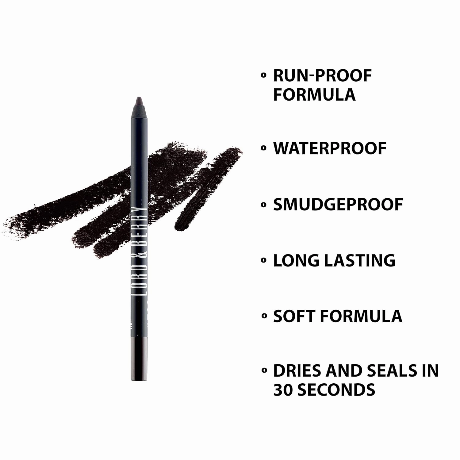 Lord & Berry SMUDGEPROOF Eye Liner - Soft & Creamy VEGAN Formula, Long Lasting Morning to Night Waterproof Eyeliner Pencil, Easy to Use Eye Makeup