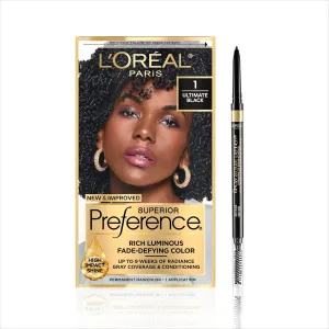 L'Oreal Paris Preference Hair Color and Brow Stylist Definer Eyebrow Pencil Bundle, Includes 1 Box of Preference 1 Ultimate Black Hair Dye   1 Soft Black Eyebrow Pencil