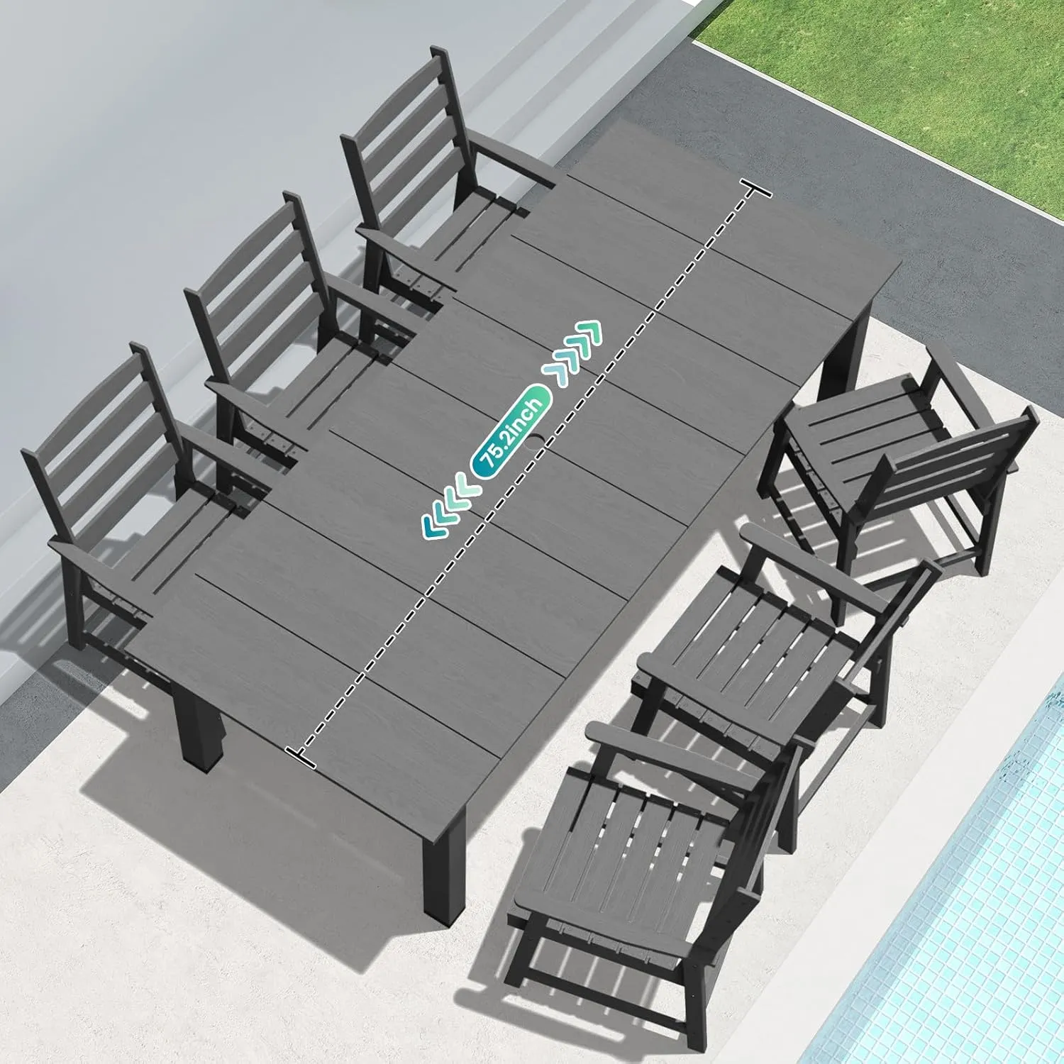 LOUNZY 7 Pieces Patio Dining Sets, Outdoor HDPE Furniture Set for 6 w/ 2" Hole Cut-Out Dining Table with 6 Patio Chairs for Pool, Lawn and Garden,Gray