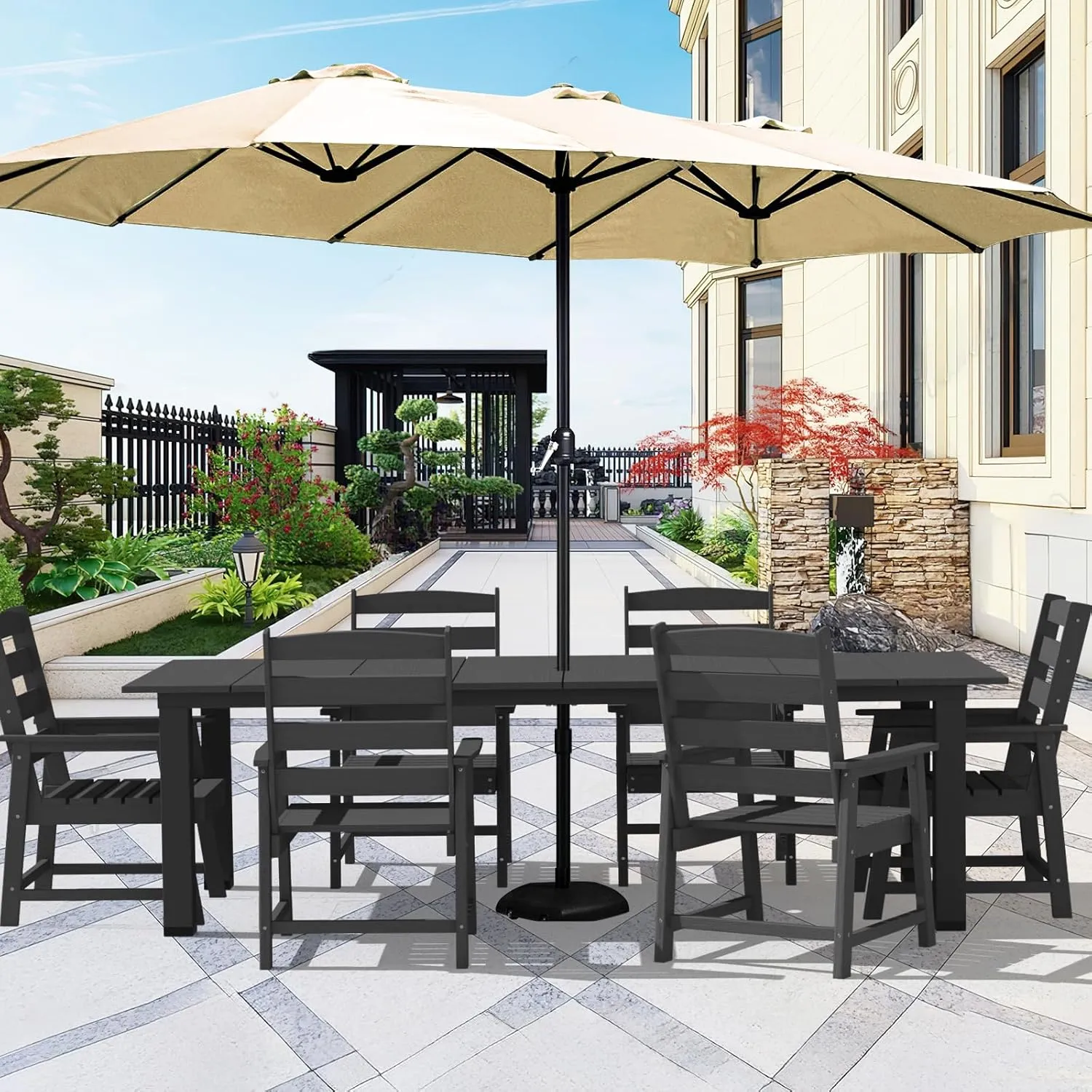 LOUNZY 7 Pieces Patio Dining Sets, Outdoor HDPE Furniture Set for 6 w/ 2" Hole Cut-Out Dining Table with 6 Patio Chairs for Pool, Lawn and Garden,Gray